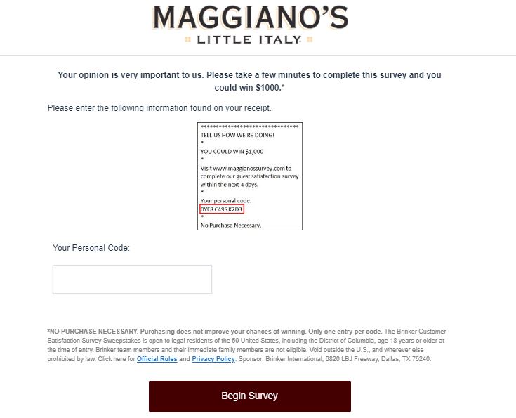 Maggiano’s Survey